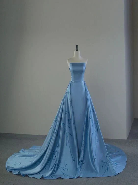 Strapless A-Line Satin Long Prom Dress, Blue Formal Evening Dress HZ1024