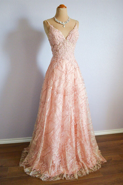 V-Neck Spaghetti Straps A-Line Appliques Prom Party Dress