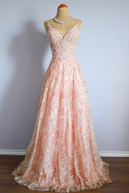 V-Neck Spaghetti Straps A-Line Appliques Prom Party Dress