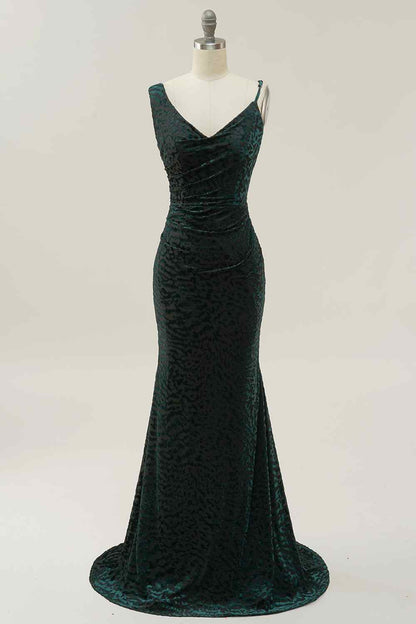 Asymmetrical Straps Backless Mermaid Velvet Prom Party Dress