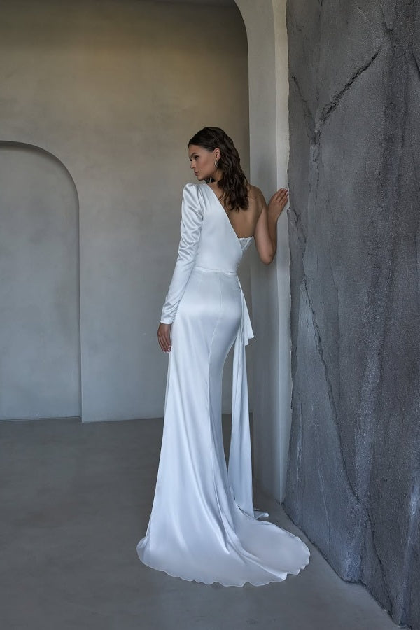 White One Shoulder Long Mermaid Prom Dress Slit with Sequins