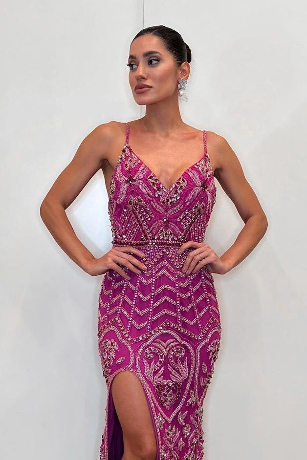 Glamorous Fuchsia Spaghetti Strap Sleeveless Split Long Prom Dress with Beadings