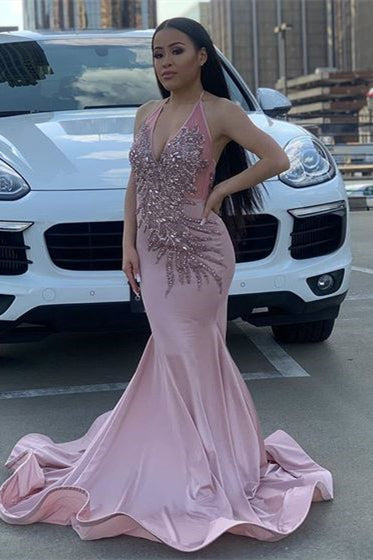 Pink Halter Sleeveless Mermaid Prom Dress Trumpet With Flower Appliques Prom