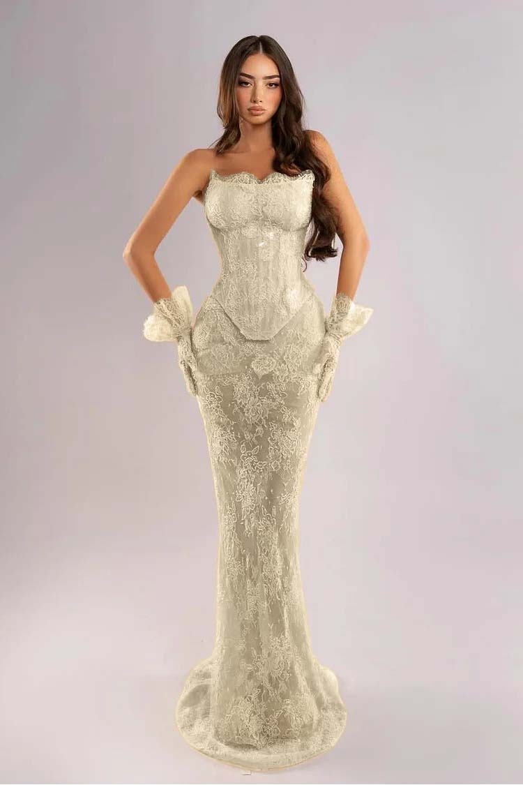 Strapless Sleeveless Long Mermaid Evening Dress With Lace Embroidery Gloves