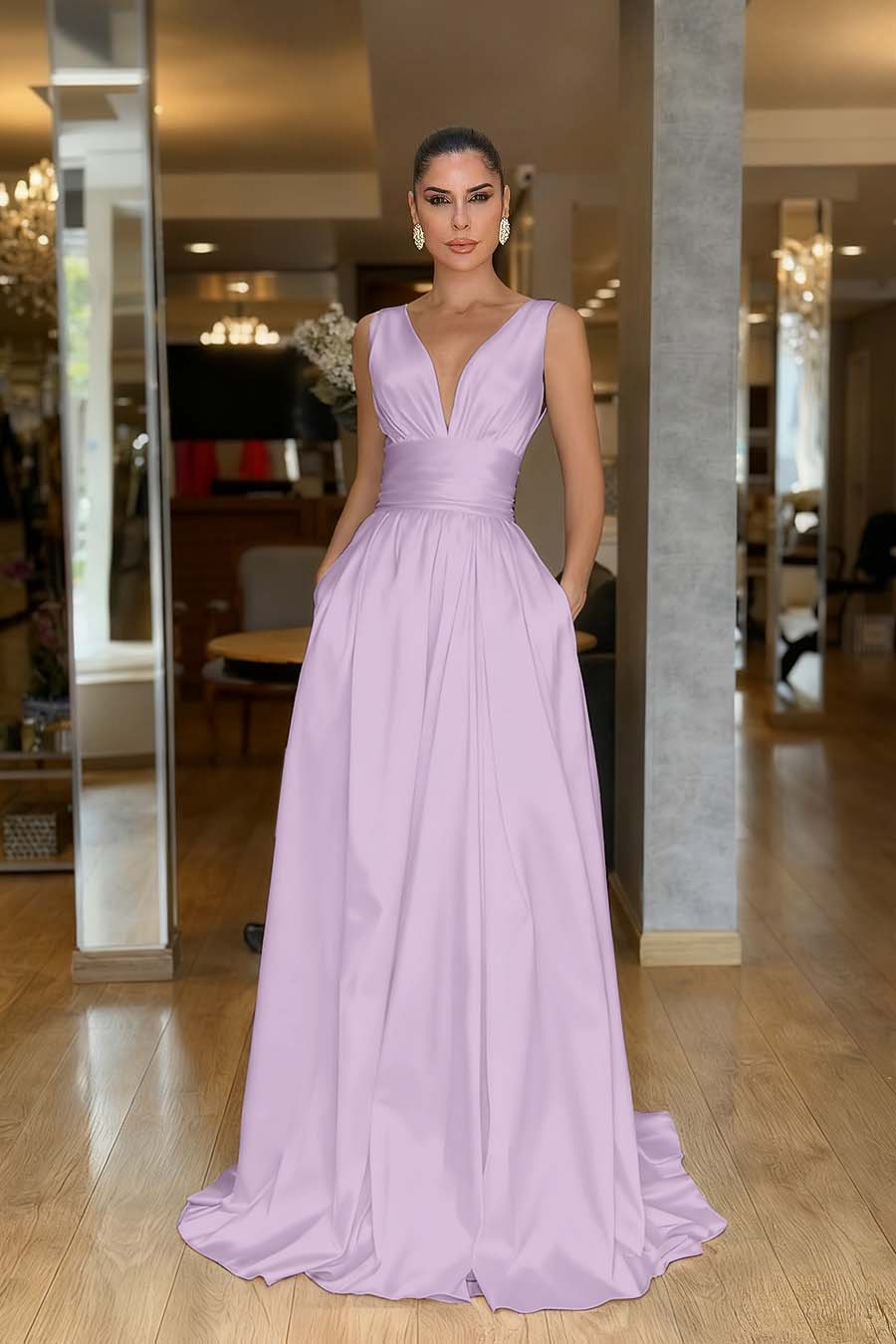 Chic Red Satin Spaghtti Strap Sleeveless V Neck Long Prom Dress with Pleated