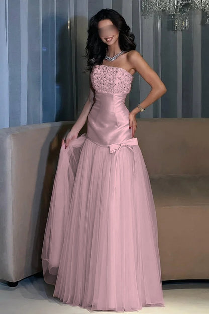 Charming Candy Pink Satin Tulle Sleeveless Strapless Long Evening Dress with Beadings
