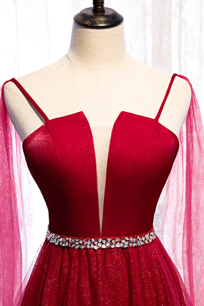 Burgundy Spagetti-Strap Sleeveless Prom Dress Tulle Ruffles with Beadings