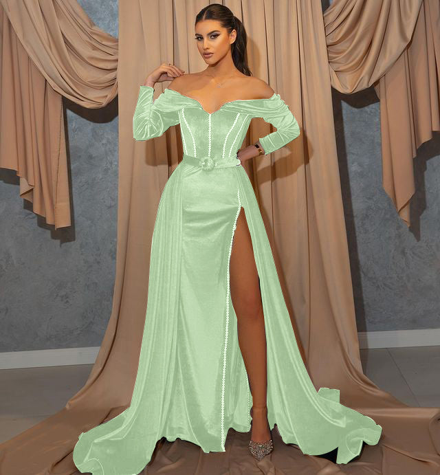 Dark Green Front Split Mermaid Sweetheart Prom Dress With Belts Long Sleeves