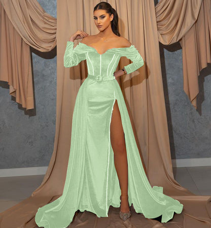 Dark Green Front Split Mermaid Sweetheart Prom Dress With Belts Long Sleeves