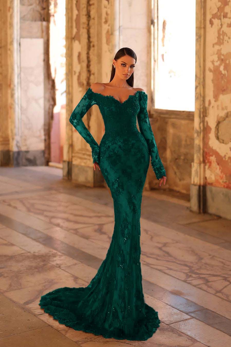 Elegant Black Lace Long Sleeves Off the Shoulder Mermaid Long Prom Dress with Beadings