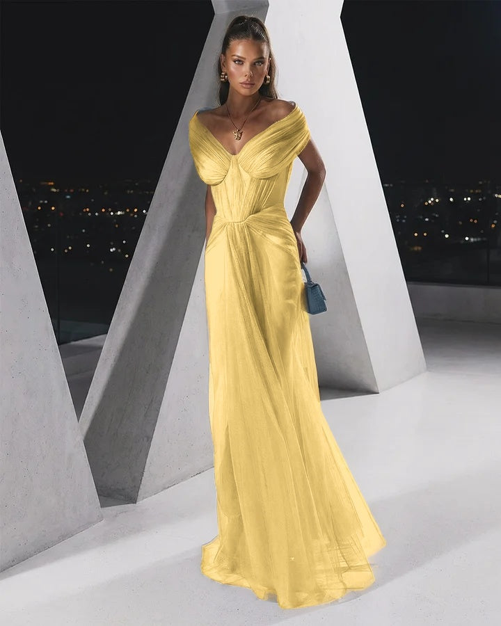 Flowing Dusty Blue Off-The-Shoulder Pleated Long Tulle Evening Dress
