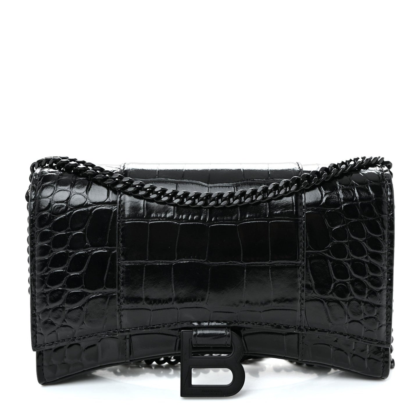 Shiny Calfskin Monochrome Crocodile Embossed Hourglass Chain Bag Black