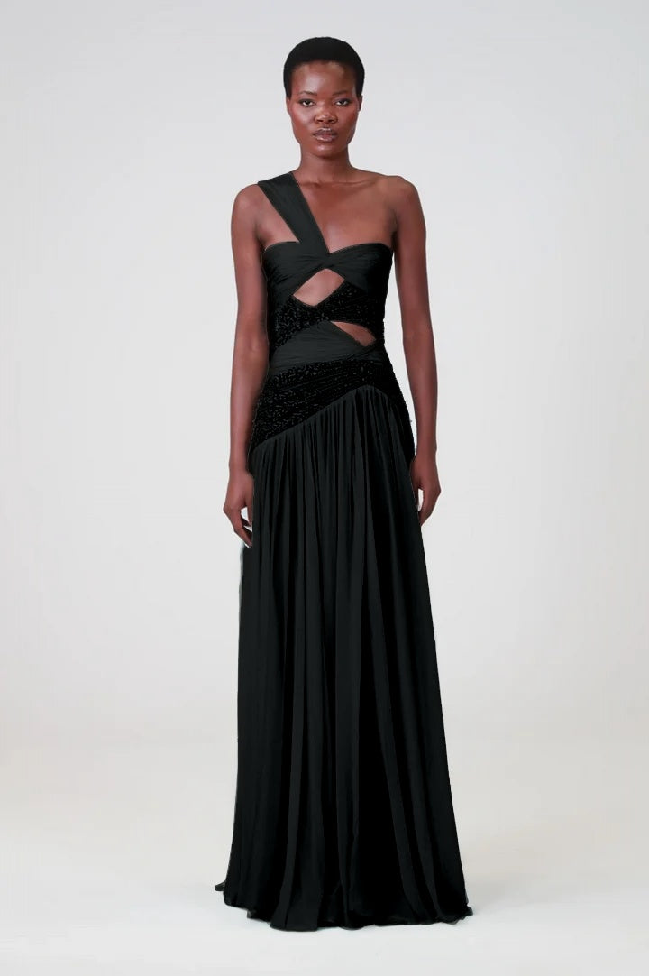 Charming Blue Sleeveless One Shoulder Long Evening Dress with Sequins