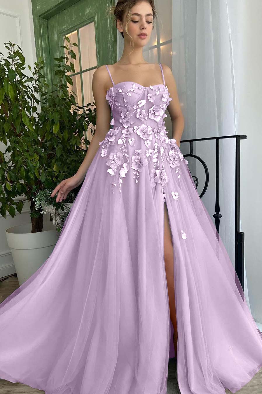 Baby Blue Sweetheart Flowers Appliques Spaghetti Strap Prom Dress Side Split