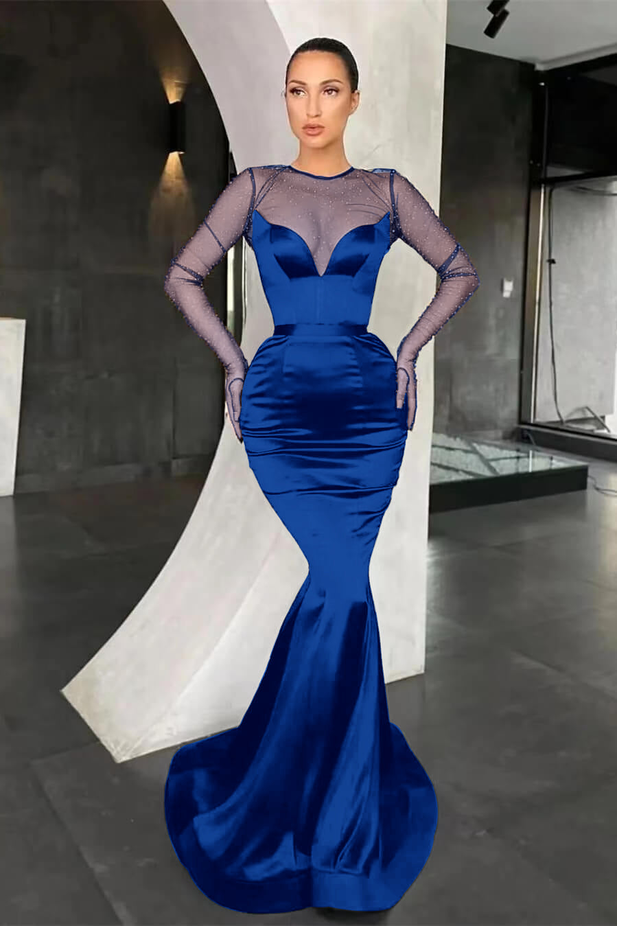 Black Mermaid Long Sleeves Prom Dress With Beads Online V-Neck