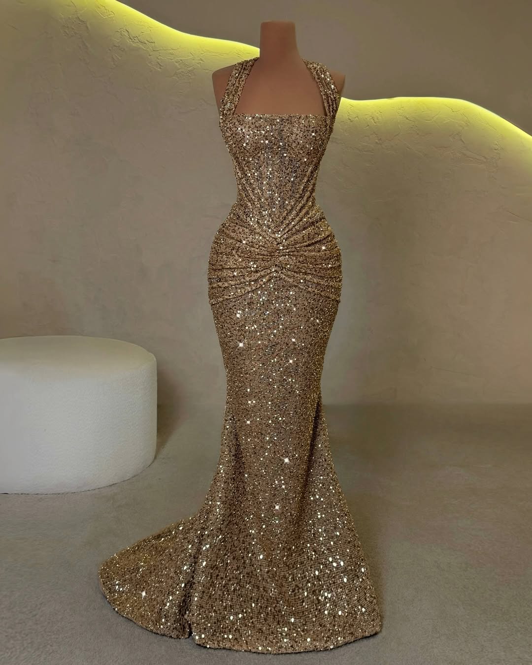 Gold Sleeveless Halter Straps Mermaid Prom Dress With Sequins