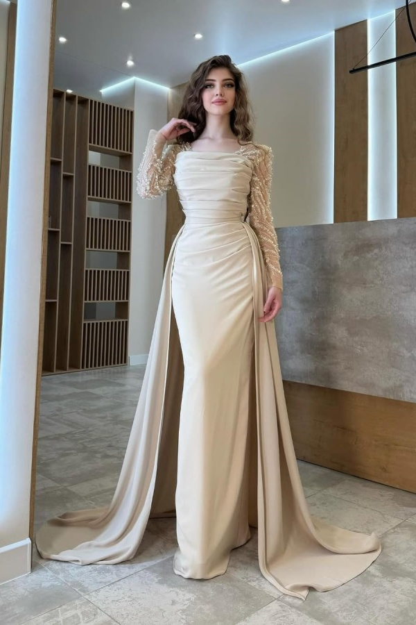 Gentle Beaded Long Sleeves Prom Dress With Detachable Trail