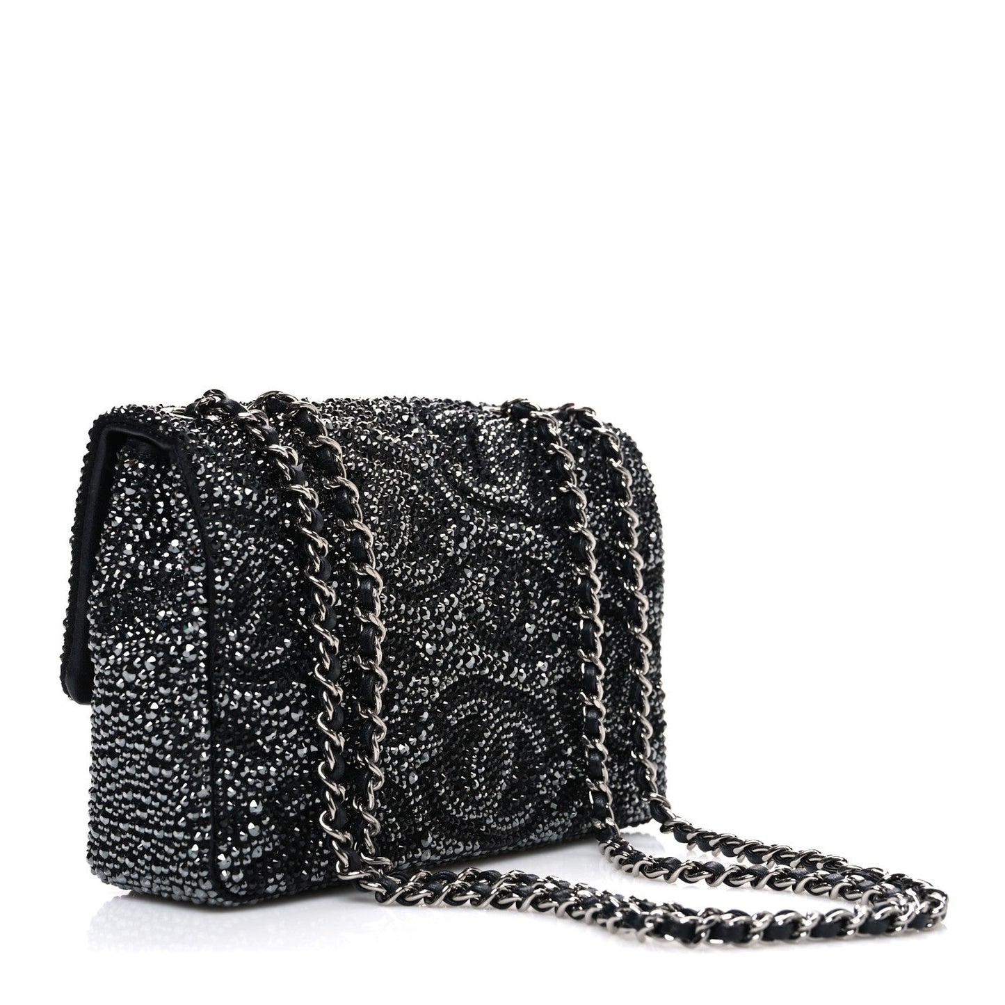 Satin Diamante CC Logo Small Flap Black Ruthenium