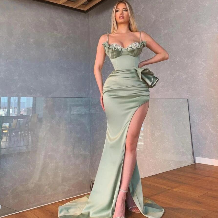 Dusty Sage Spaghetti-Straps Prom Dress Mermaid Split With Beadings Ruffles