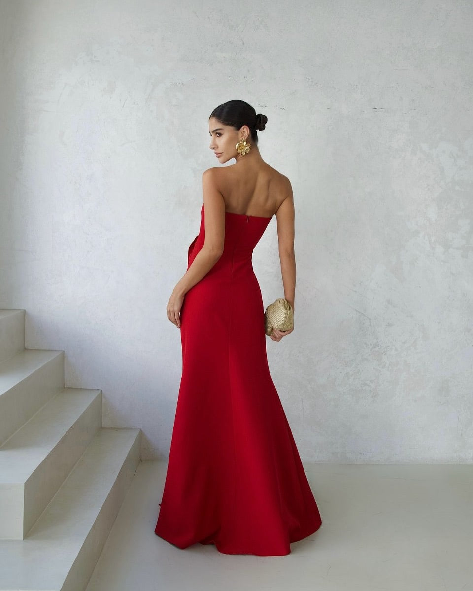 Elegant Red Satin Spaghetti Strap Sleeveless Ruffles Prom Dress with Split