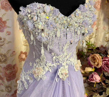 Lilac A Line Sweetheart Neck Beaded Satin Lace Prom Dresses Long Evening Party Dress SH2708