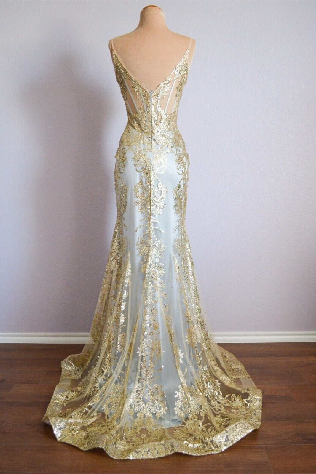 Sparkly V-Neck Sleeveless Mermaid Lace Prom Party Dress
