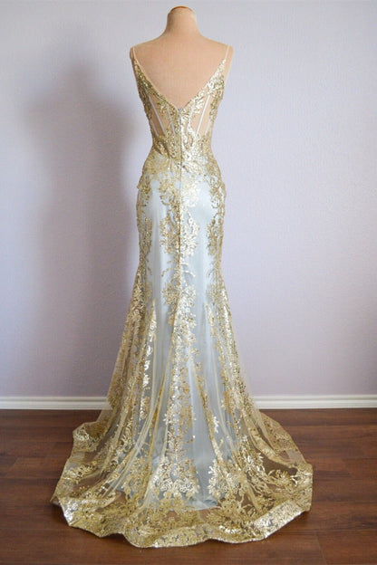Sparkly V-Neck Sleeveless Mermaid Lace Prom Party Dress
