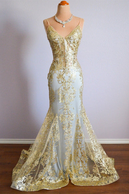 Sparkly V-Neck Sleeveless Mermaid Lace Prom Party Dress