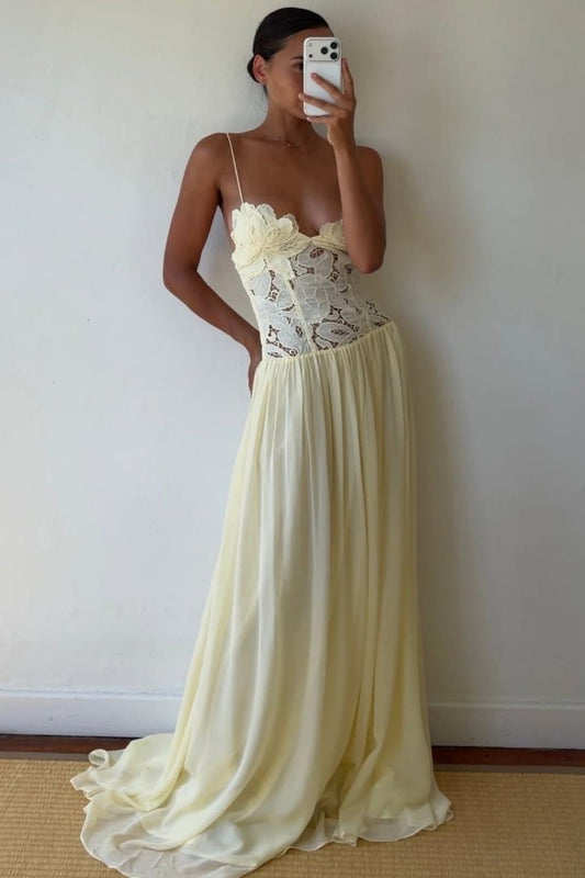 Lace And Chiffon V-Neck Spaghetti Straps Long A-Line Evening Dress With Pleated