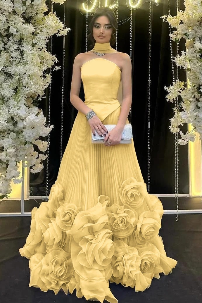 Strapless Sleeveless Long Ruffle Evening Dress With Flower Pleated