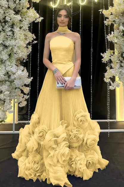 Strapless Sleeveless Long Ruffle Evening Dress With Flower Pleated
