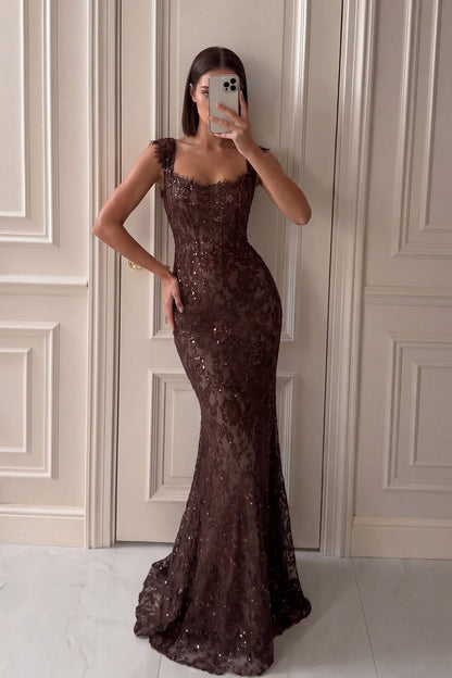 Sleeveless Wide Straps Mermaid Beaded Evening Dress With Lace