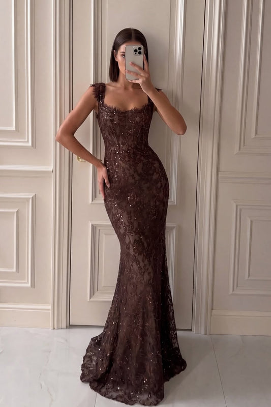 Sleeveless Wide Straps Mermaid Beaded Evening Dress With Lace