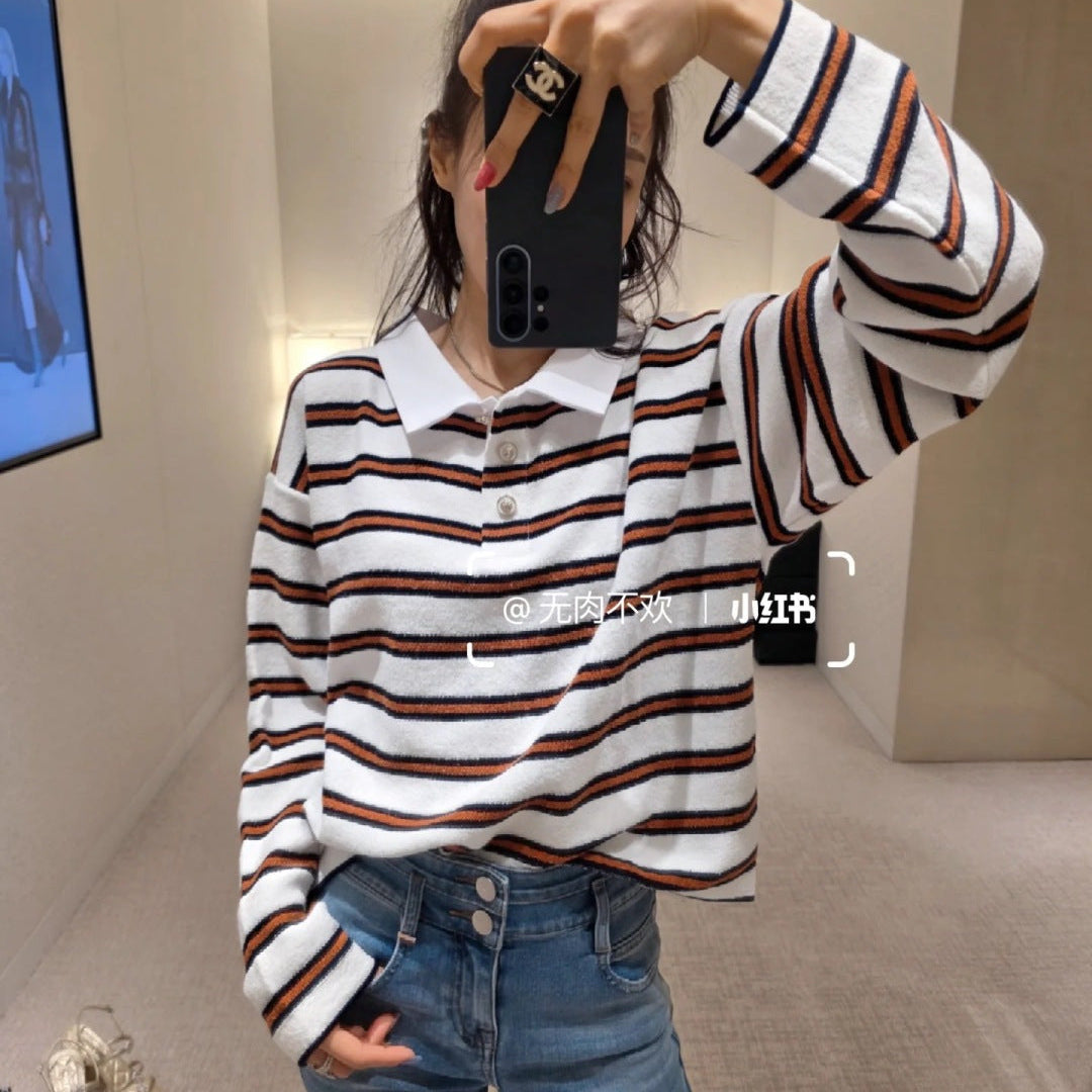 Chanel 26 Collared Color-Blocked Striped Polo White Red in Wool Blend 799250