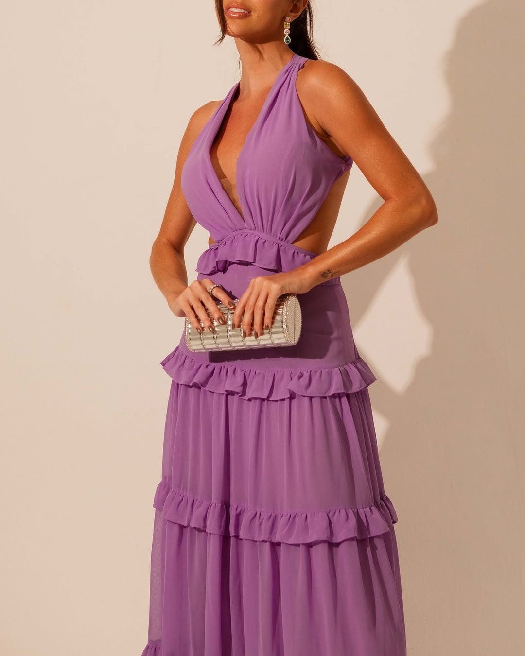 Sleeveless Deep V-Neck Halter Straps A-Line Prom Dress With Ruffles