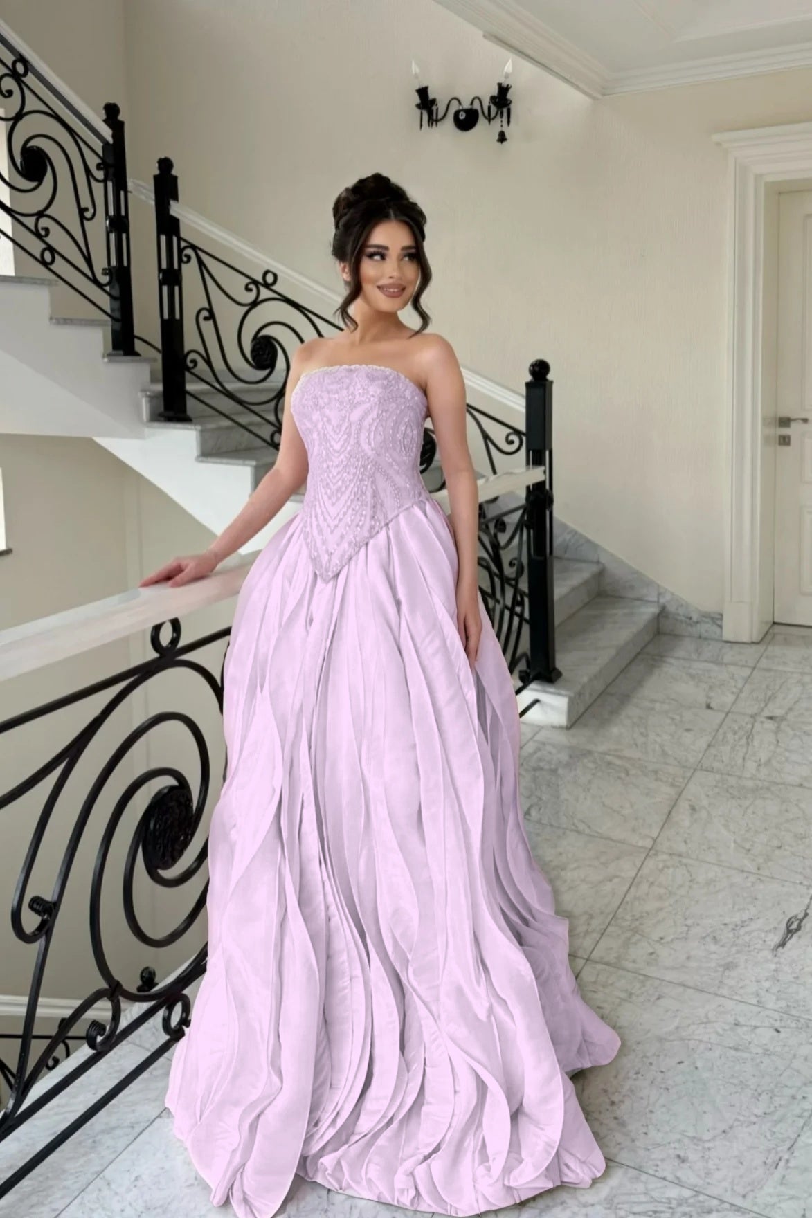Elegant Pink Strapless Evening Dress A-Line Floor Length with Beading