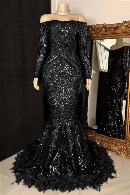 Long Sleeves Mermaid Prom Dress Sequins Burgundy With Feather