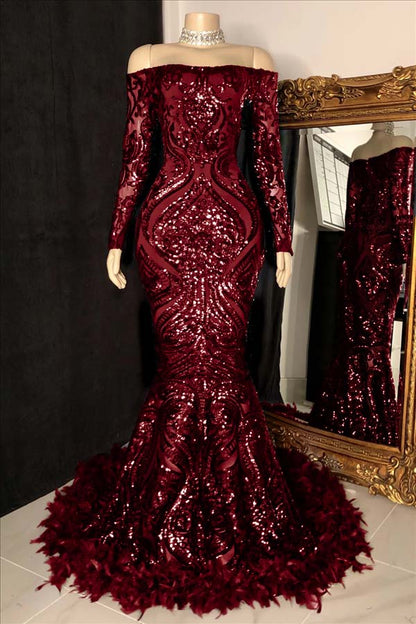 Long Sleeves Mermaid Prom Dress Sequins Burgundy With Feather