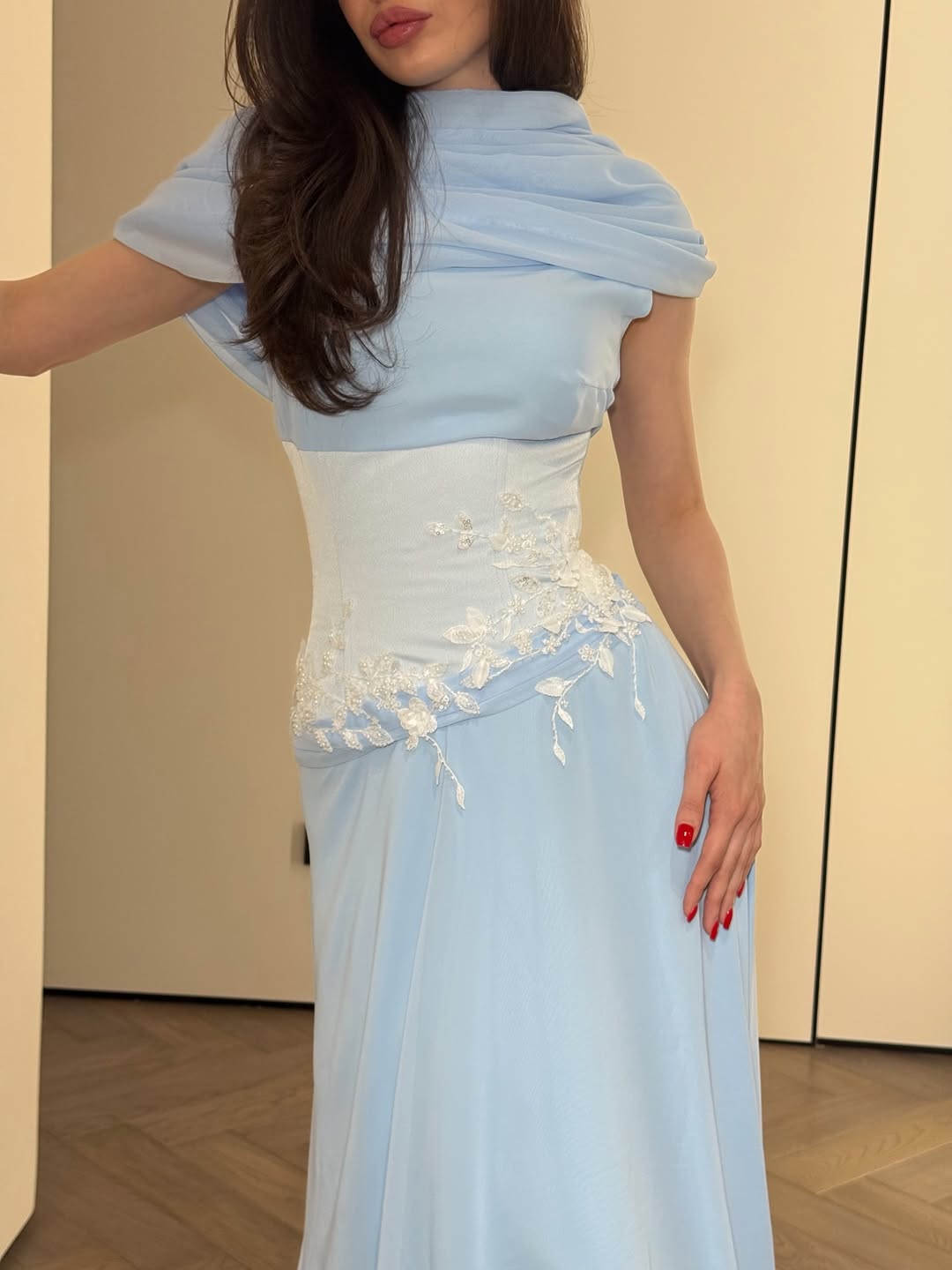 Stunning Chiffon Pleated Embroidery Evening Dress with Draped Shawl Neck