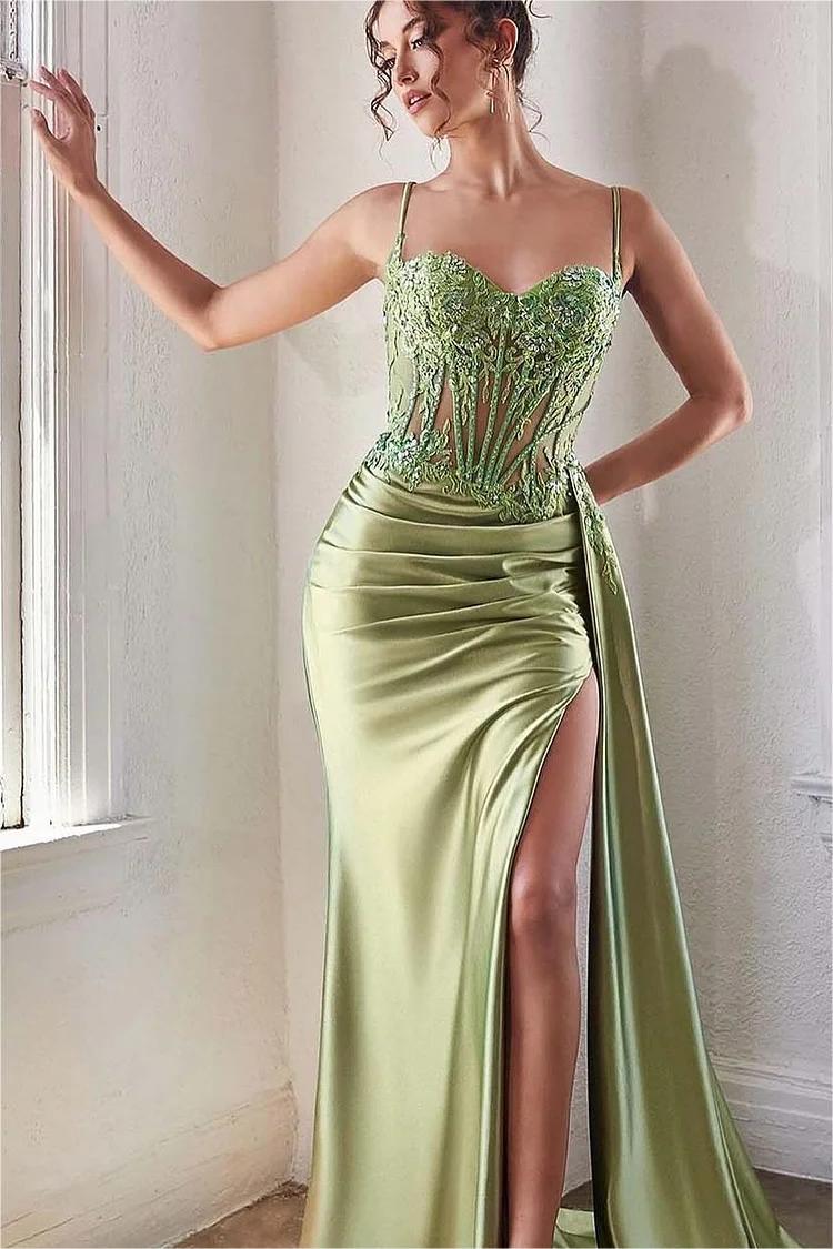 Charming Sweetheart Sleeveless Spaghetti Strap Pleated Long Prom Dress with Split
