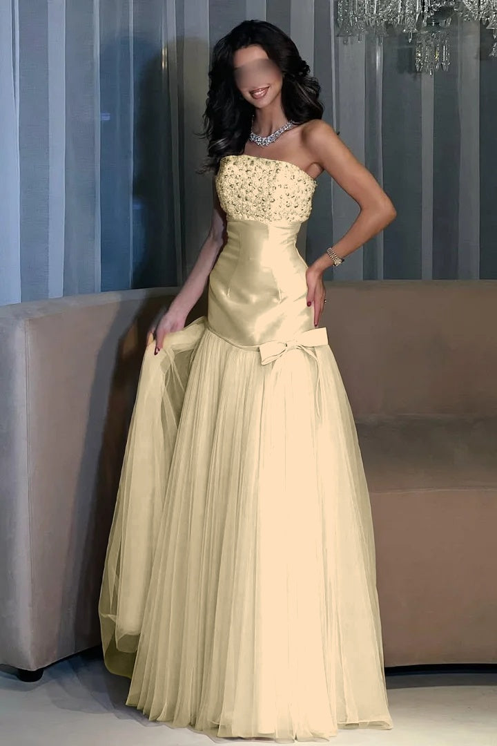 Charming Candy Pink Satin Tulle Sleeveless Strapless Long Evening Dress with Beadings