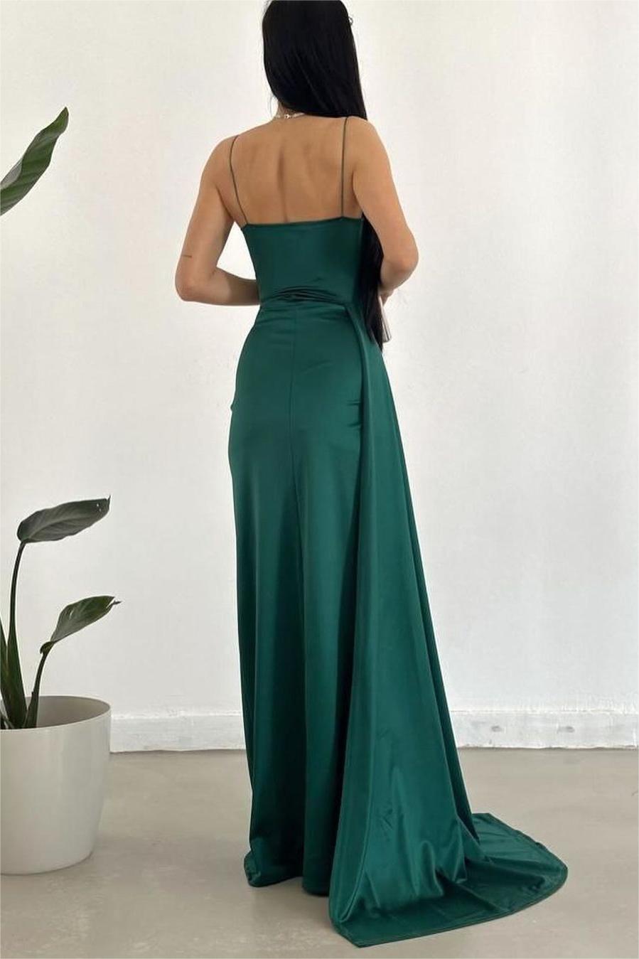 Simple Dusty Sage Spaghetti Strap Sleeveless Pleated Long Evening Dress with Split