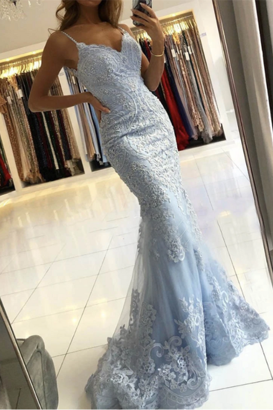 Mermaid Sky Blue Spaghetti-Straps Evening Dress