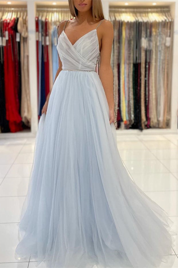 Long Light Sky Blue Spaghetti-Straps Tulle Prom Dress With Beads