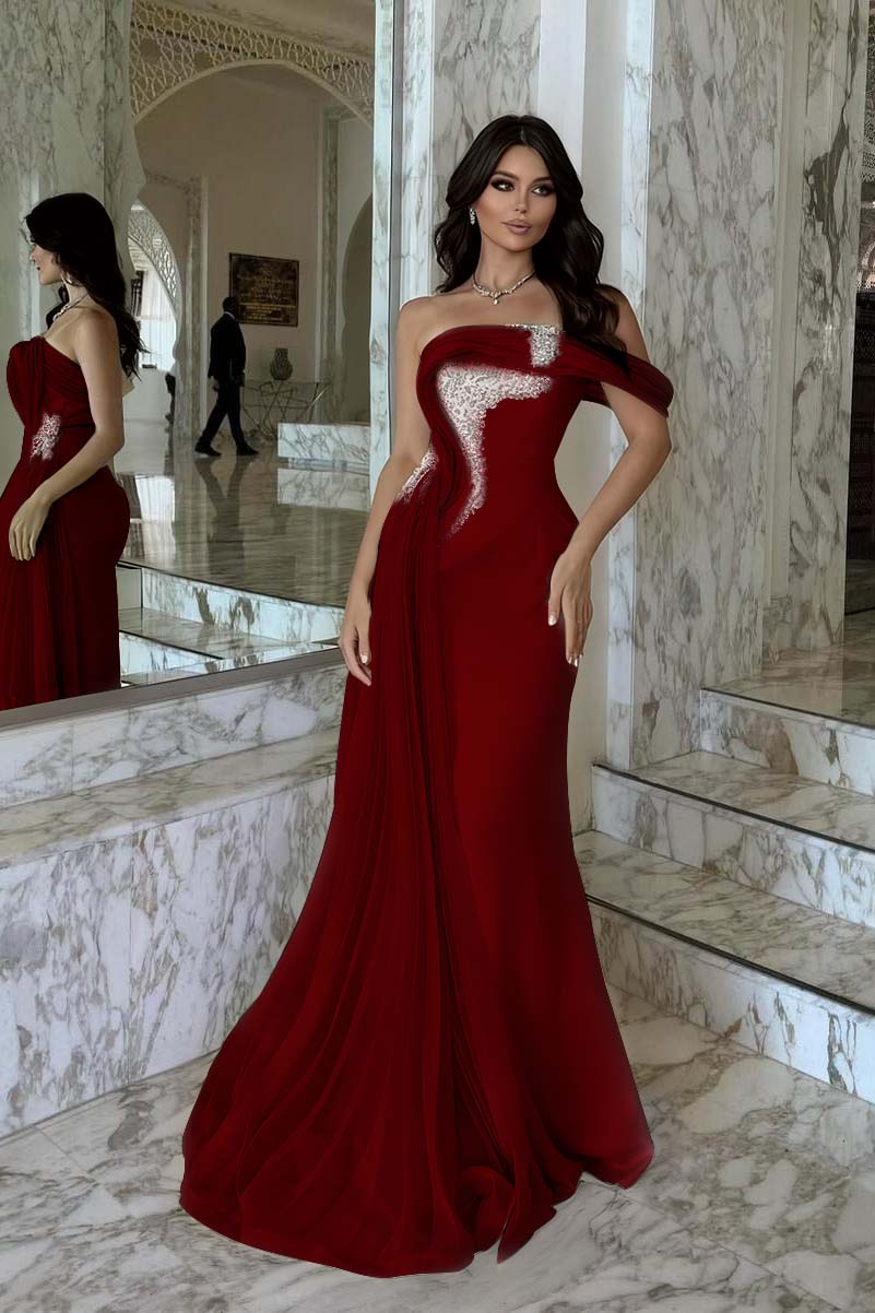 Elegant Pink Satin One Shoulder Beaded Strapless Prom Dress with Train