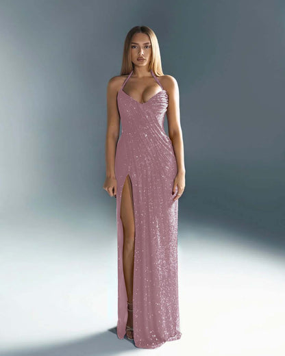 Sleeveless Halter Straps V-Neck Slit Prom Dress With Sequin