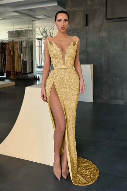 Sleeveless V-Neck Evening Dress Sequins Mermaid With Slit