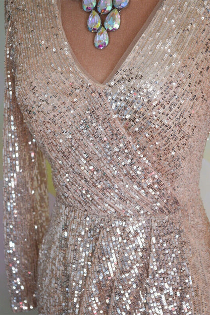 Blushing Pink Faux-wrap Long Sleeves Sequins Long Formal Dress