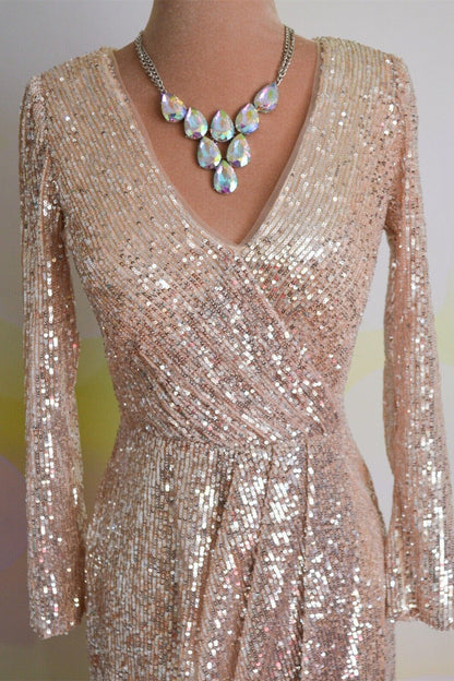 Blushing Pink Faux-wrap Long Sleeves Sequins Long Formal Dress