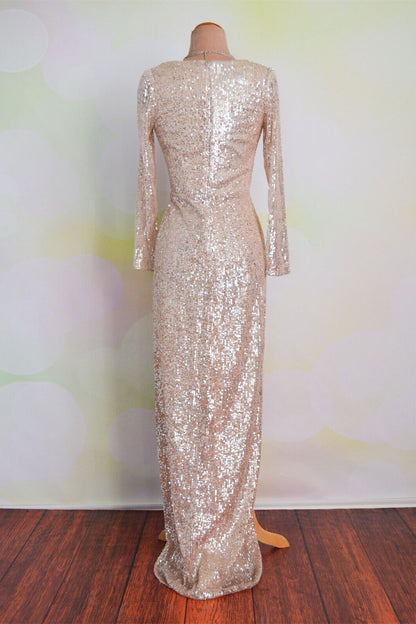Blushing Pink Faux-wrap Long Sleeves Sequins Long Formal Dress